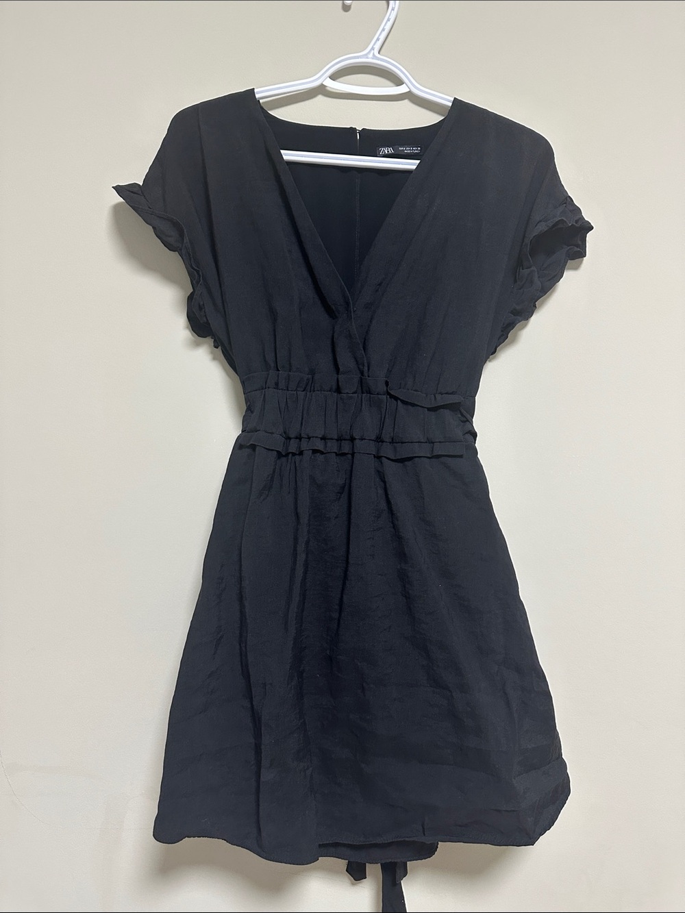 Zara Black V-Neck Ruffle Sleeve Mini Dress